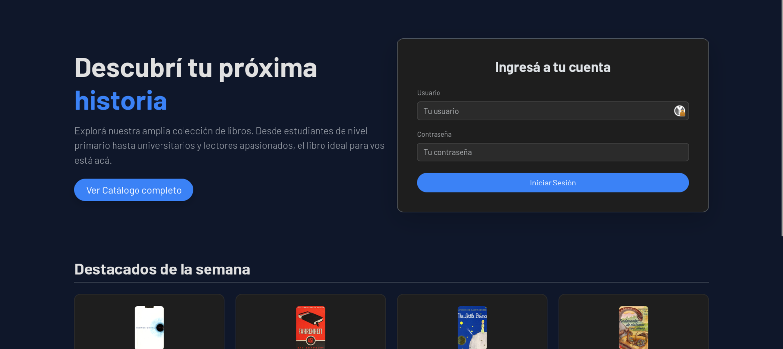 Pantalla de inicio de sesión de Entre Páginas