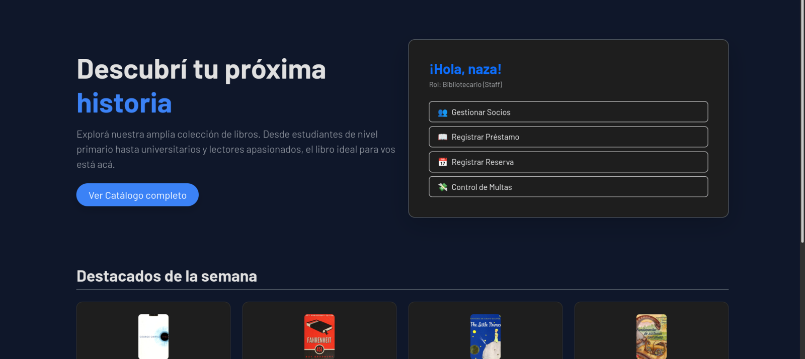 Inicio con sesión de bibliotecario iniciada