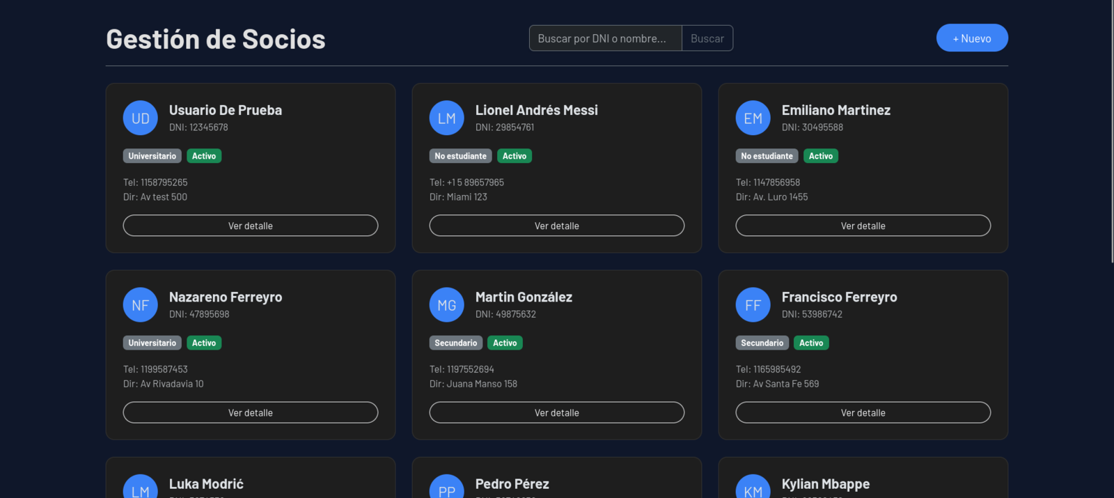 Gestión de socios en tarjetas