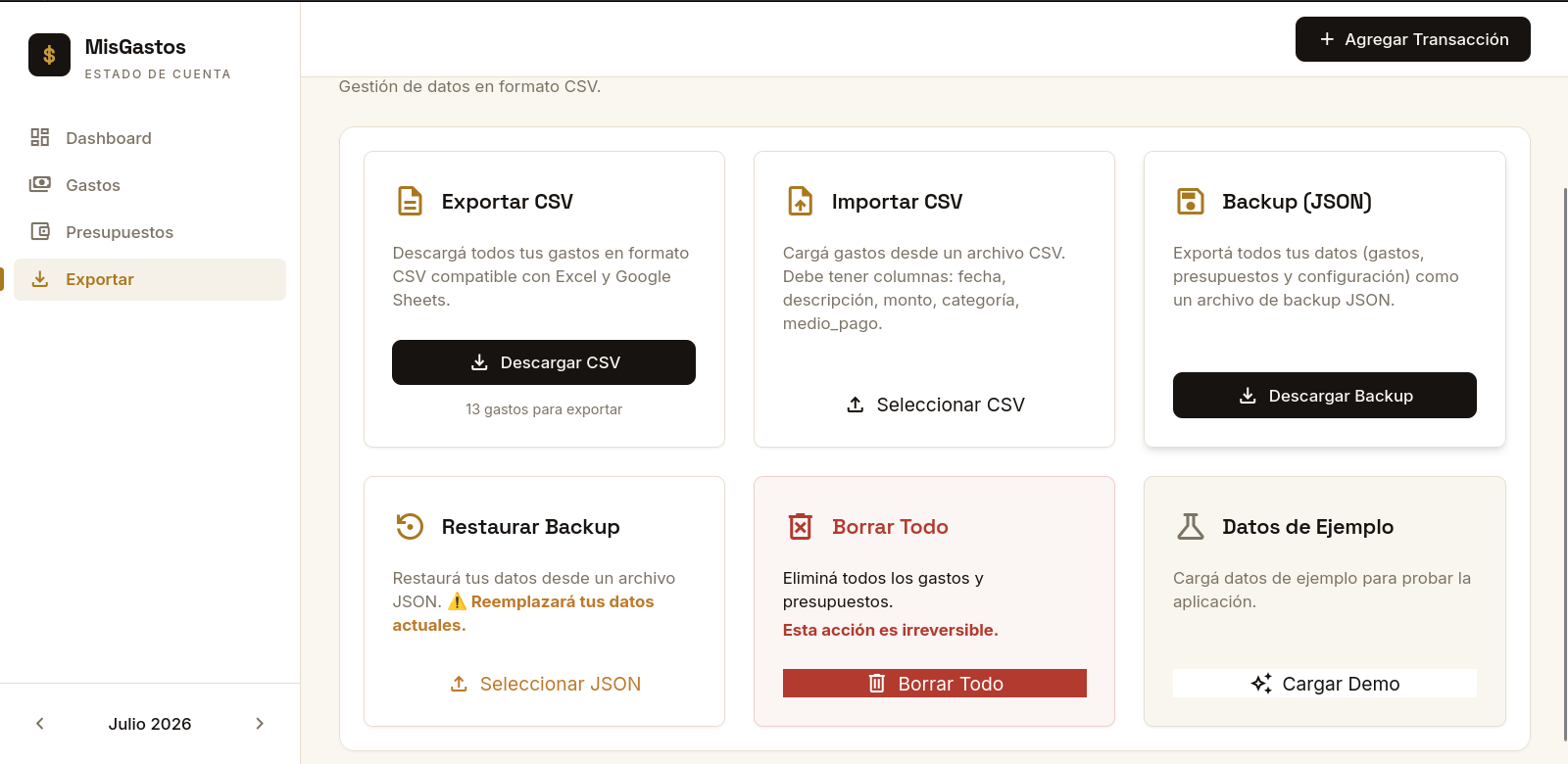 Gestión de datos: exportar e importar CSV, backup y restauración JSON